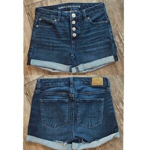 American Eagle Outfitters Dark Blue Denim High-Rise Button Fly Jean Shorts